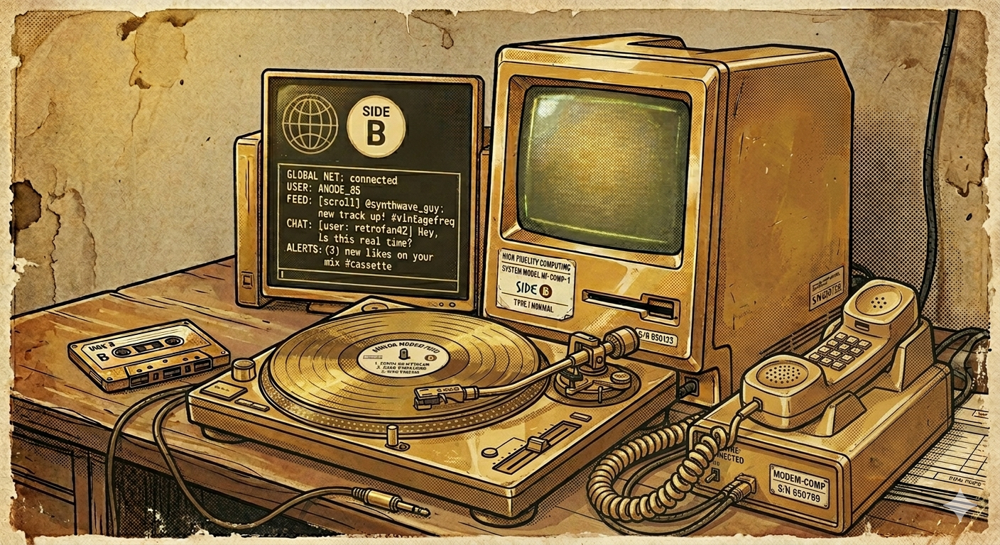 Khord music sharing interface — a vintage computing setup with a turntable, monitor, and phone